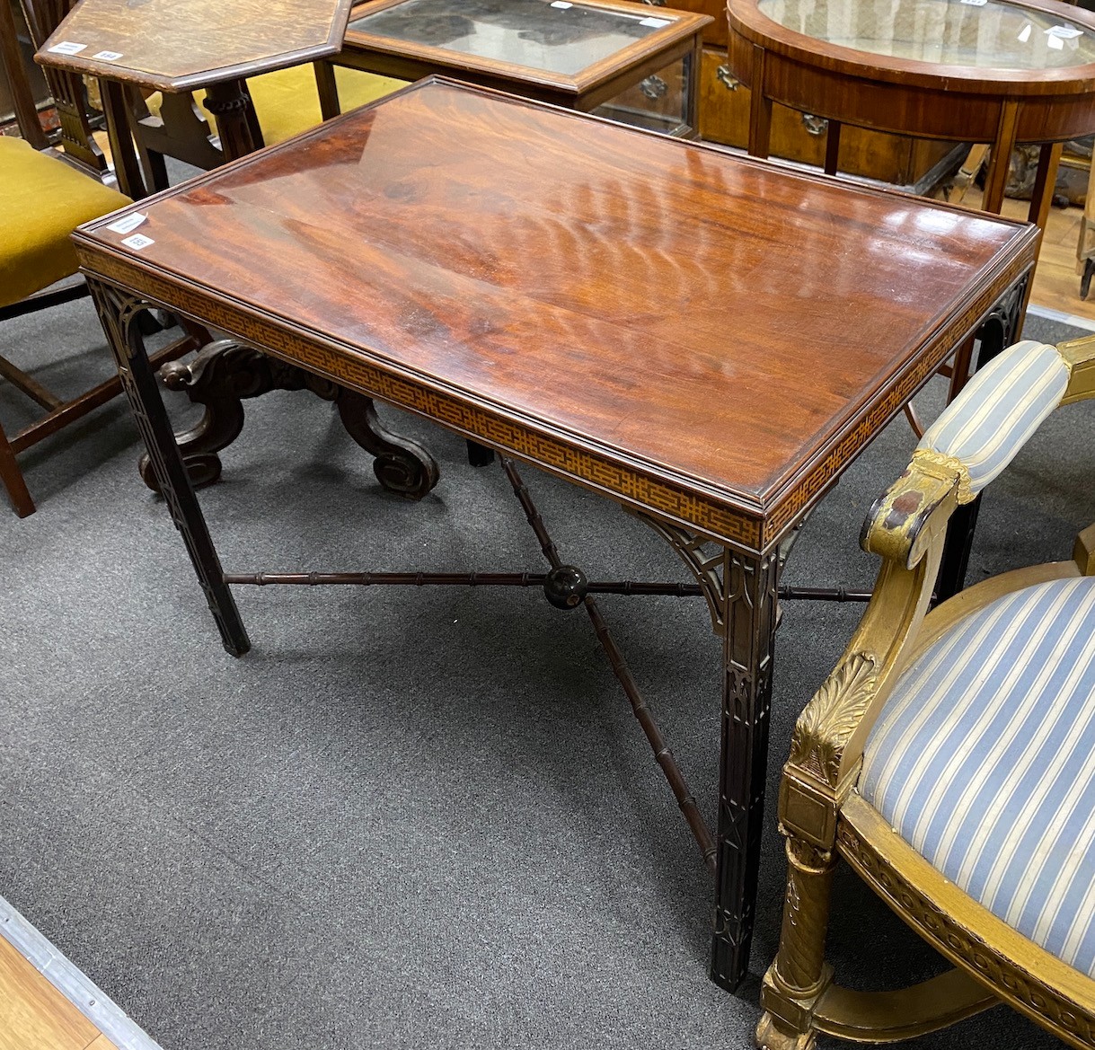 A George III style inlaid mahogany rectangular silver table, width 89cm, depth 59cm, height 69cm